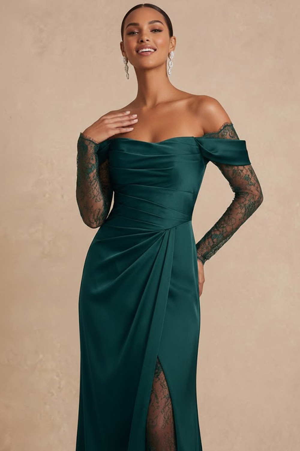 Dark Green Evening Formal Dress Off the Shoulder Lace Maxi Dress with Slit