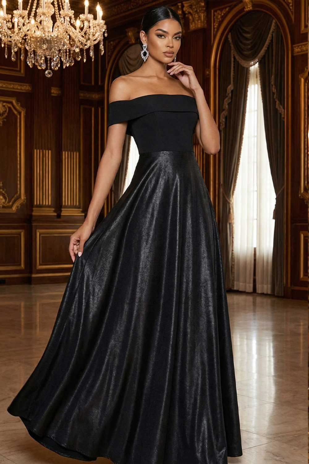 Black Formal Evening Dress A-Line Off the Shoulder Maxi Dress 