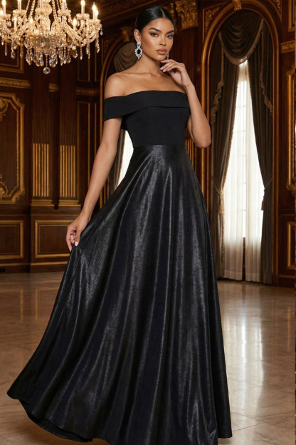 Black Formal Evening Dress A-Line Off the Shoulder Maxi Dress 