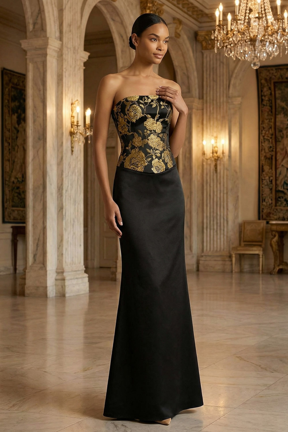 Golden Formal Evening Dress Strapless Strapless Floral Maxi Dress