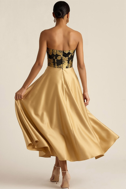 Golden Formal Evening Dress A-Line Strapless Midi Dress