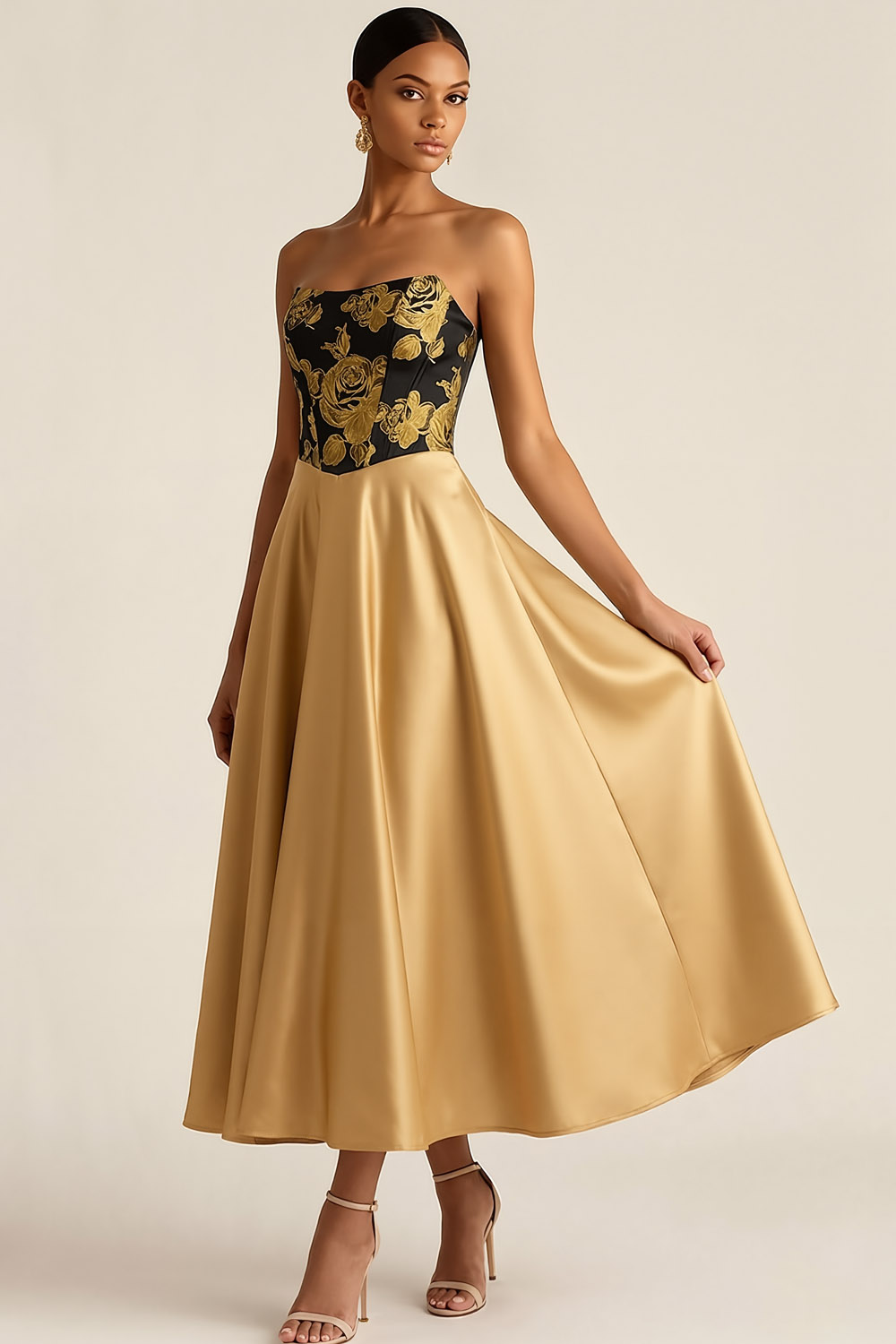 Golden Formal Evening Dress A-Line Strapless Midi Dress