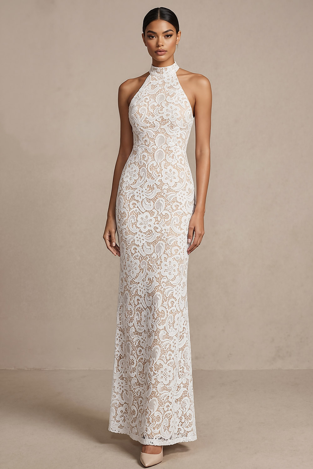 White Formal Evening Dress Mermaid Halter Lace Maxi Dress