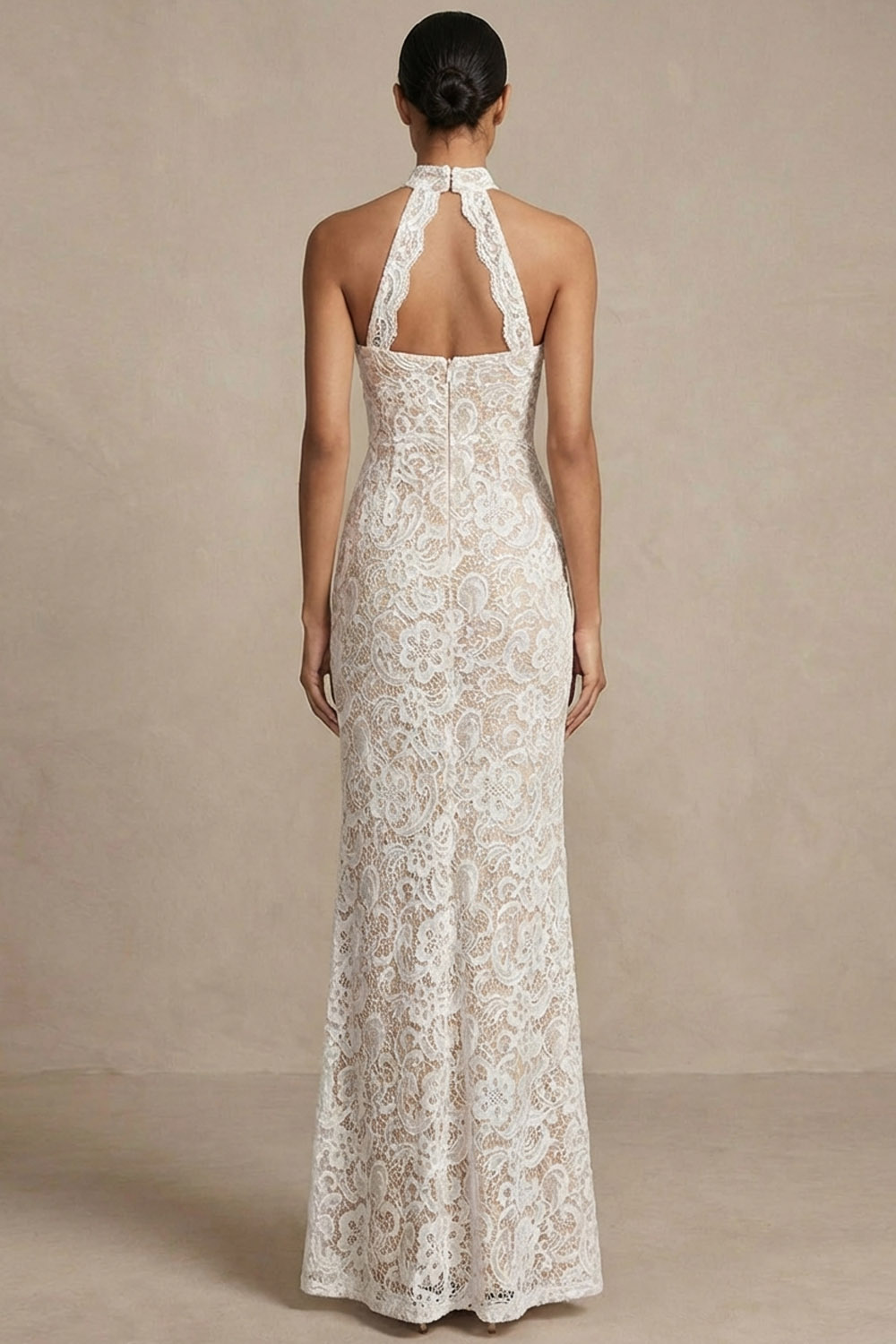 White Formal Evening Dress Mermaid Halter Lace Maxi Dress 