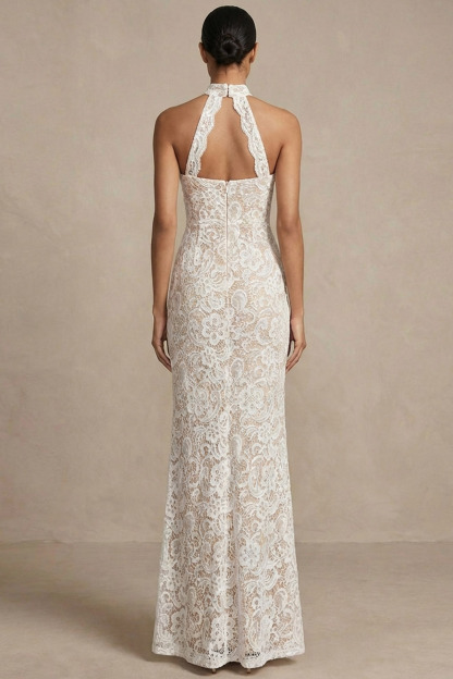 White Formal Evening Dress Mermaid Halter Lace Maxi Dress 