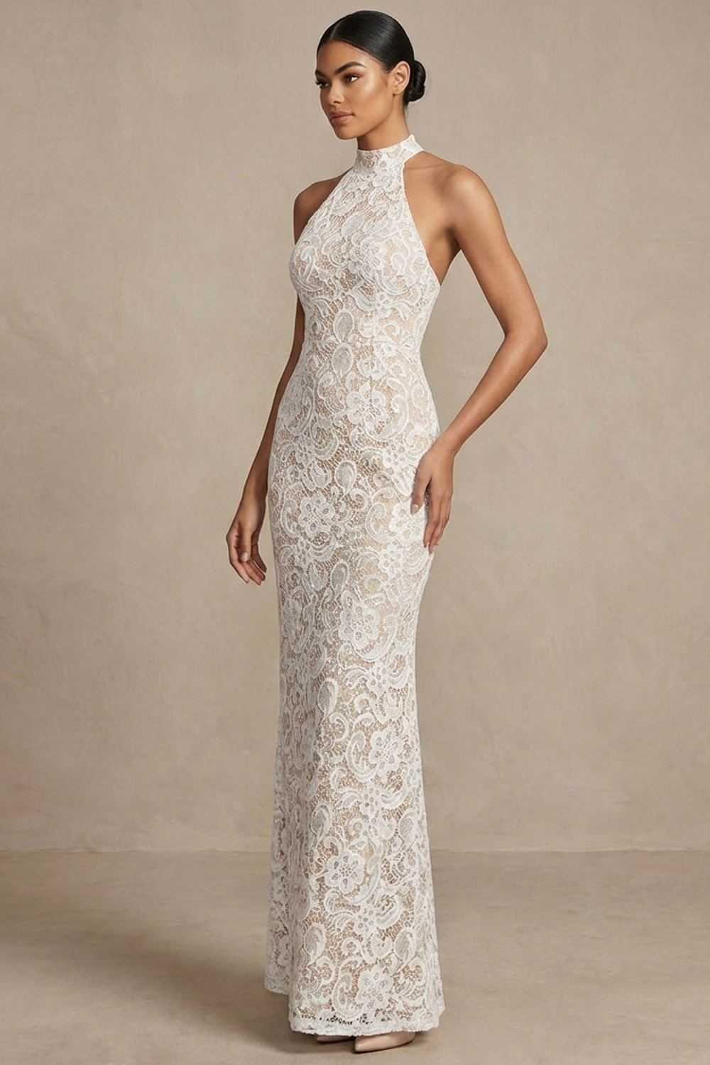 White Formal Evening Dress Mermaid Halter Lace Maxi Dress 