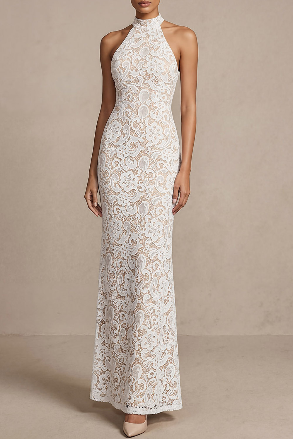 White Formal Evening Dress Mermaid Halter Lace Maxi Dress 