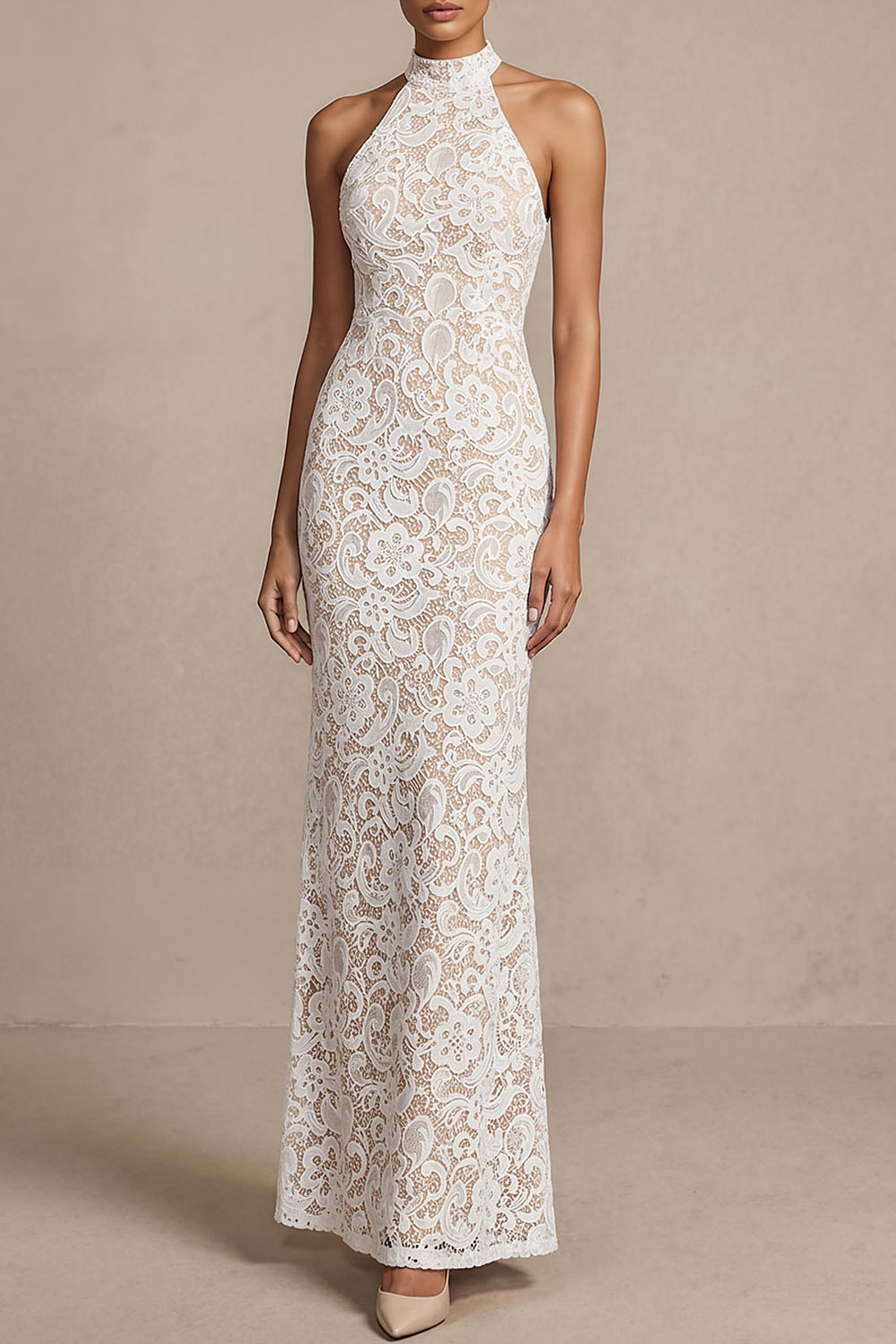 White Formal Evening Dress Mermaid Halter Lace Maxi Dress 