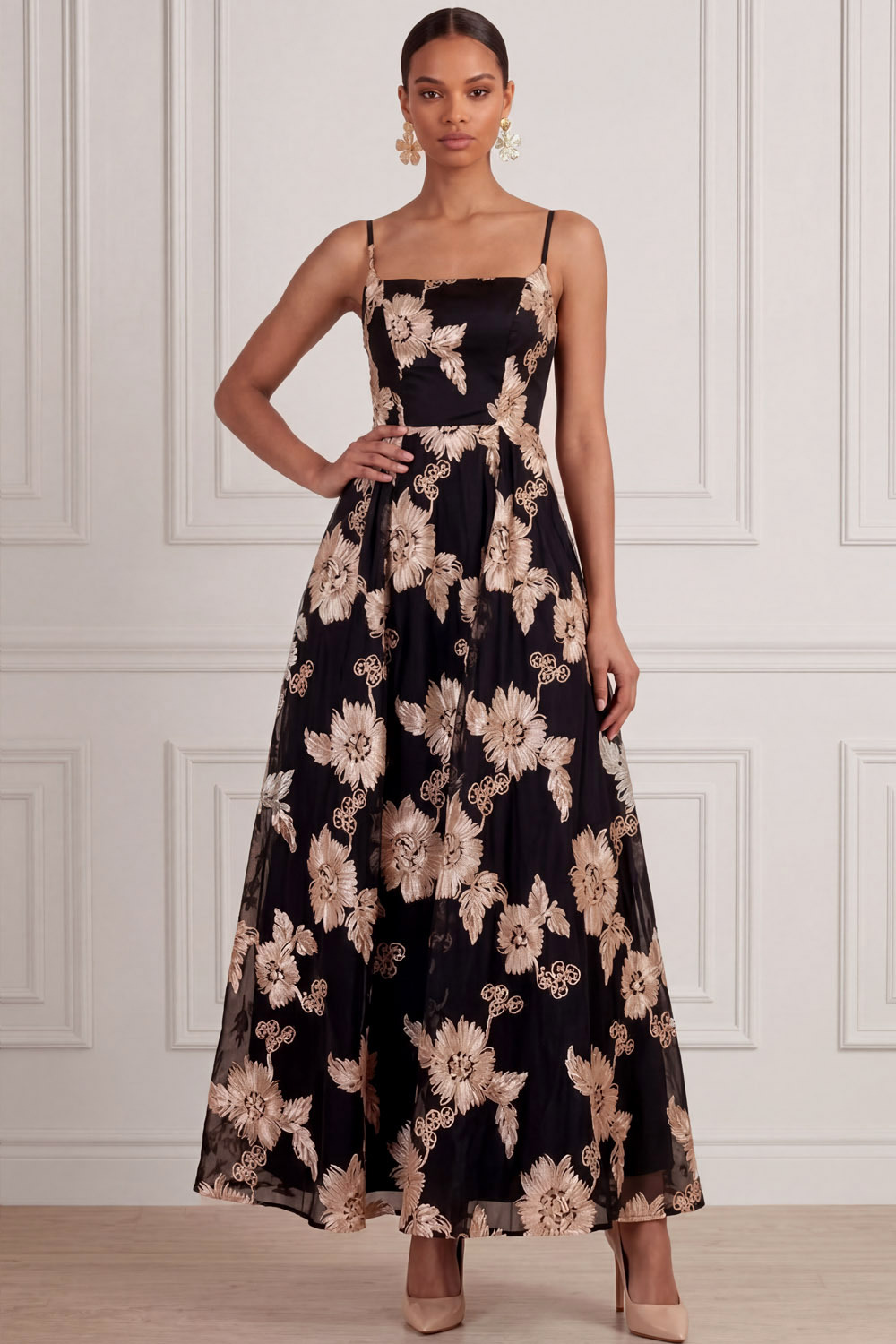 Black Wedding Guest Dress A-Line Spaghetti Straps Floral Maxi Dress