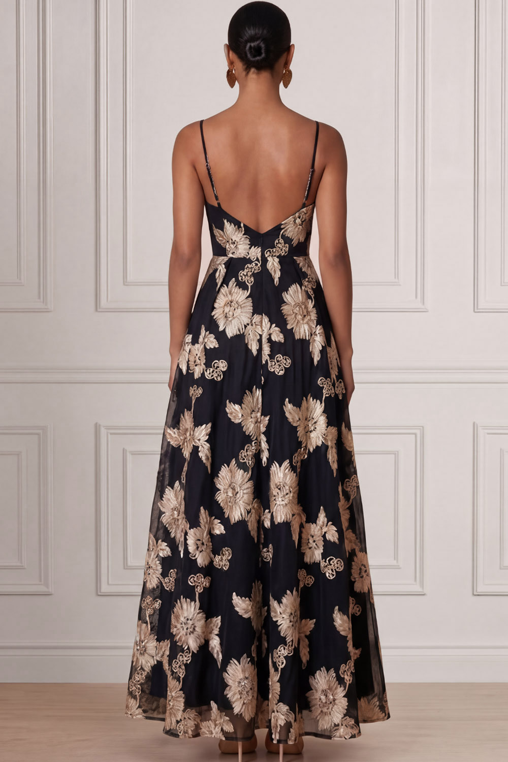 Black Wedding Guest Dress A-Line Spaghetti Straps Floral Maxi Dress