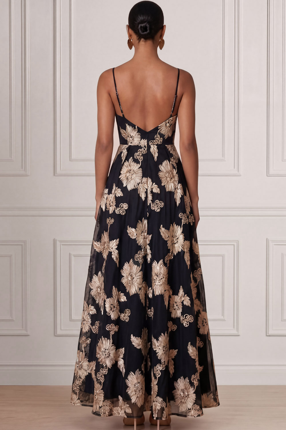 Black Wedding Guest Dress A-Line Spaghetti Straps Floral Maxi Dress