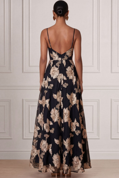 Black Wedding Guest Dress A-Line Spaghetti Straps Floral Maxi Dress