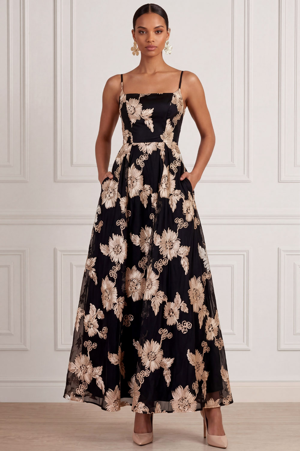 Black Wedding Guest Dress A-Line Spaghetti Straps Floral Maxi Dress