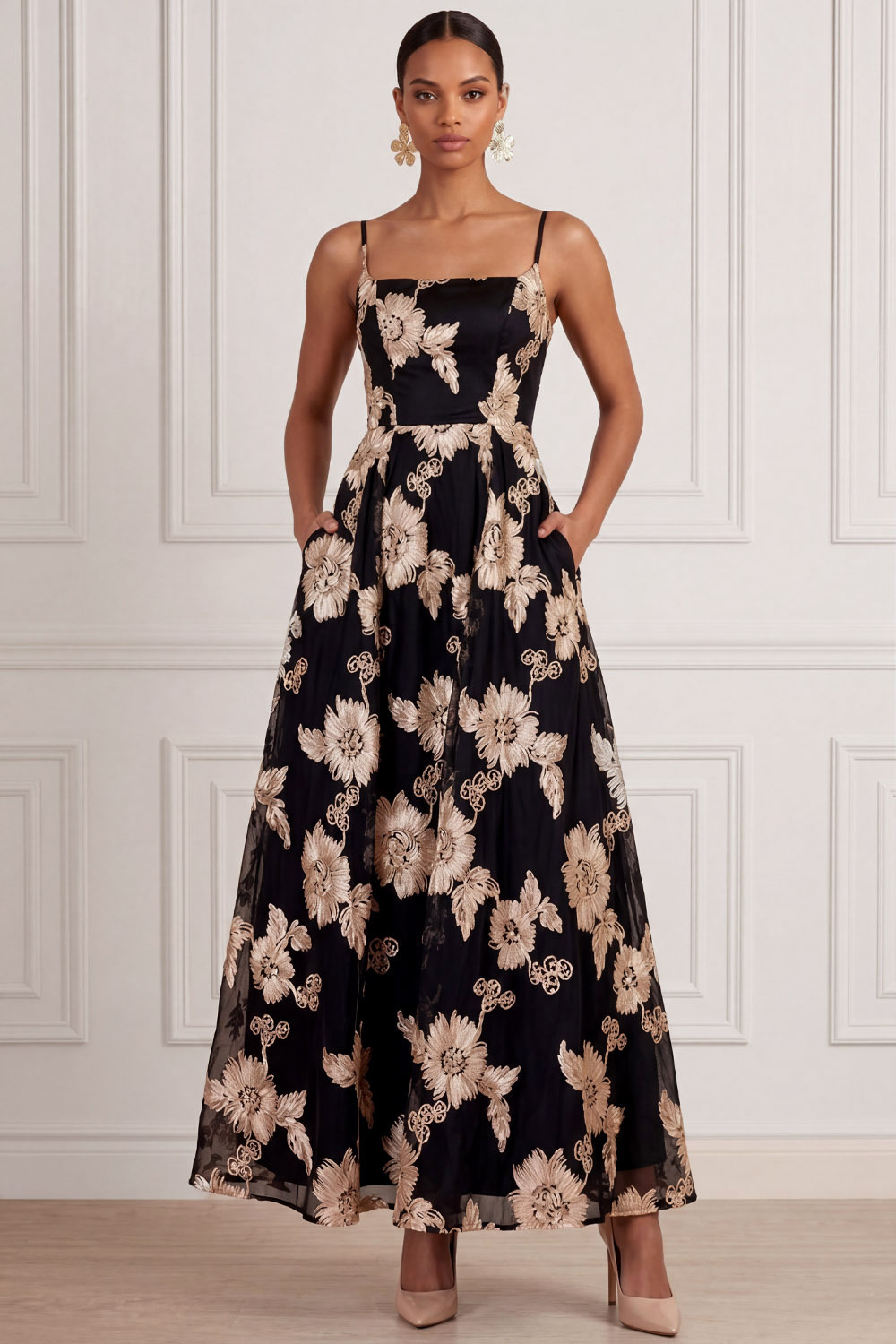 Black Wedding Guest Dress A-Line Spaghetti Straps Floral Maxi Dress