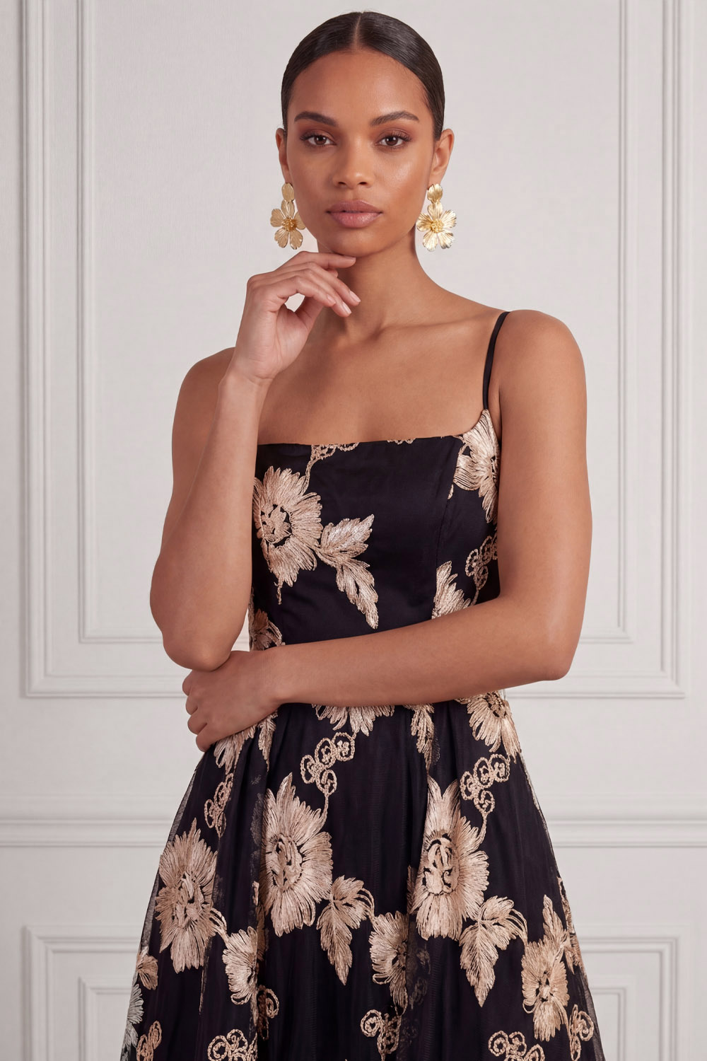 Black Wedding Guest Dress A-Line Spaghetti Straps Floral Maxi Dress