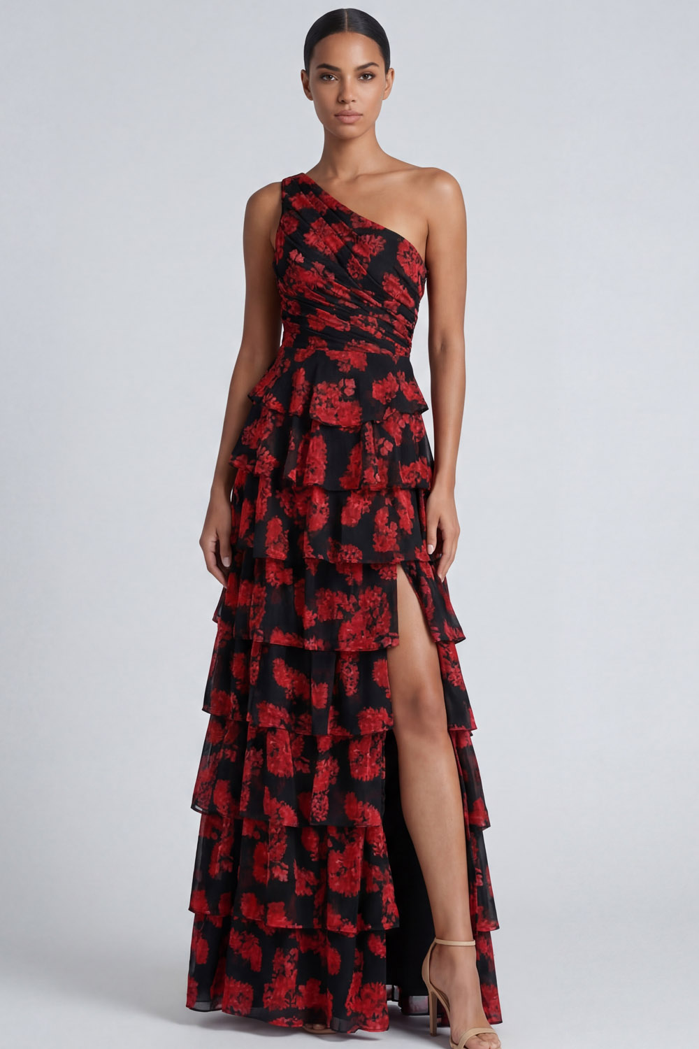 Black Red Flower Wedding Guest Dress One Shoulder Tiered Maxi Dress with Slit