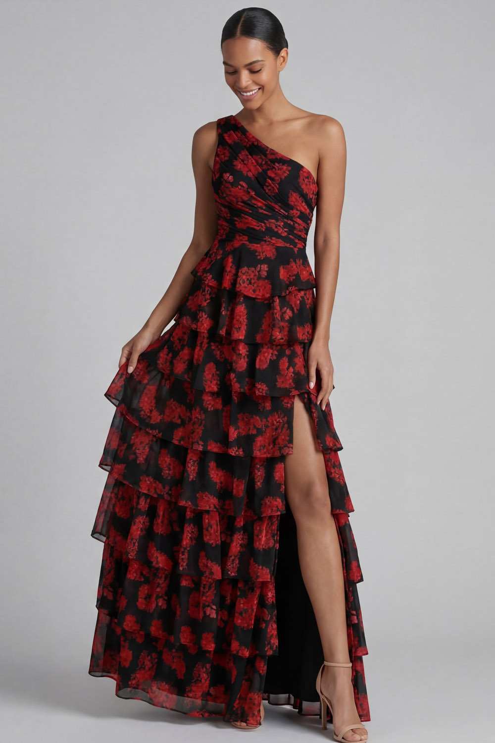 Black Red Flower Wedding Guest Dress One Shoulder Tiered Maxi Dress with Slit
