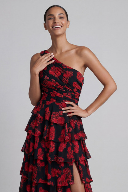 Black Red Flower Wedding Guest Dress One Shoulder Tiered Maxi Dress with Slit