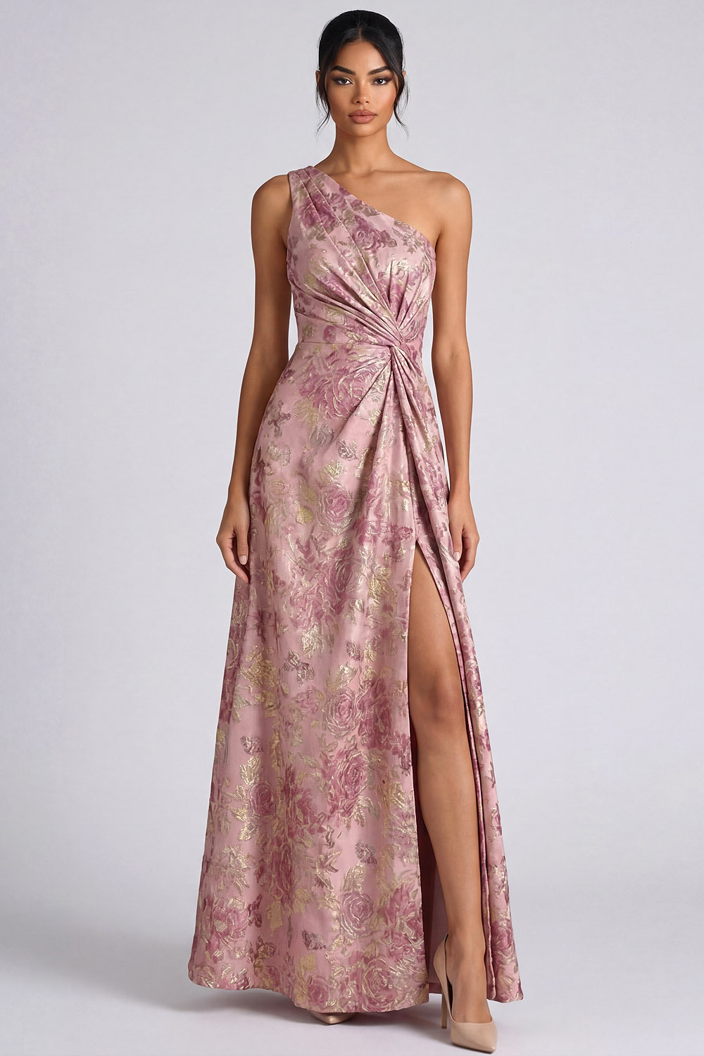 Pink Floral Wedding Guest Dress One Shoulder Ruched Maxi Dress with Slit