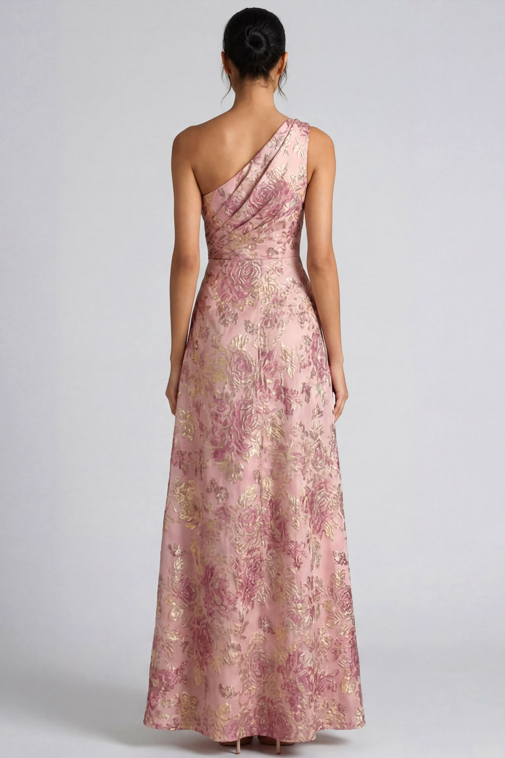 Pink Floral Wedding Guest Dress One Shoulder Ruched Maxi Dress with Slit