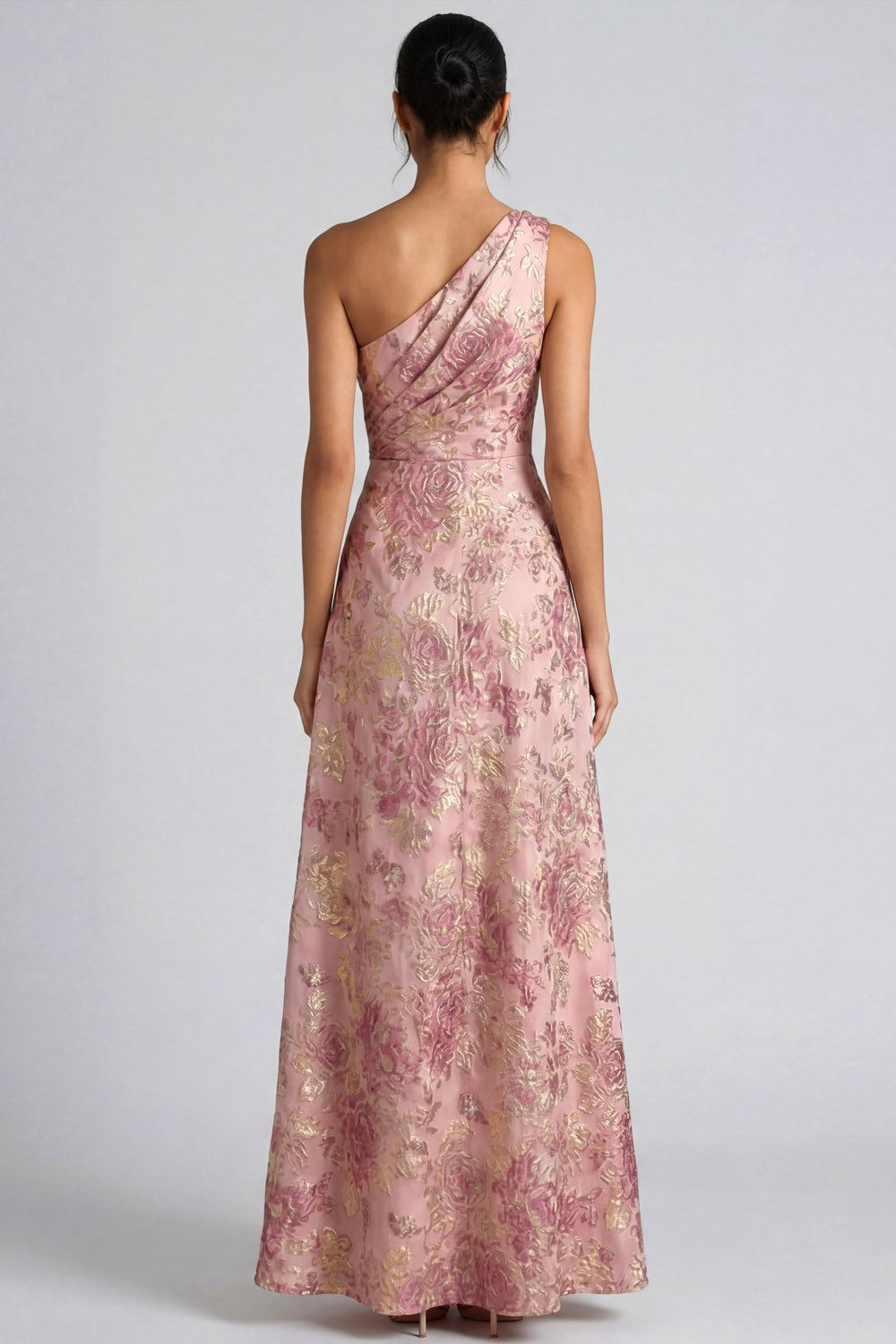 Pink Floral Wedding Guest Dress One Shoulder Ruched Maxi Dress with Slit