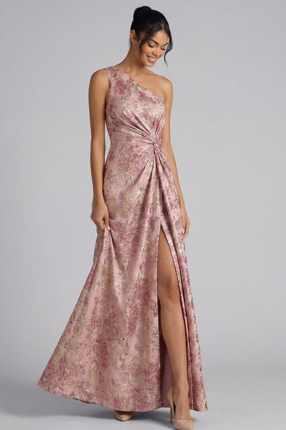 Pink Floral Wedding Guest Dress One Shoulder Ruched Maxi Dress with Slit