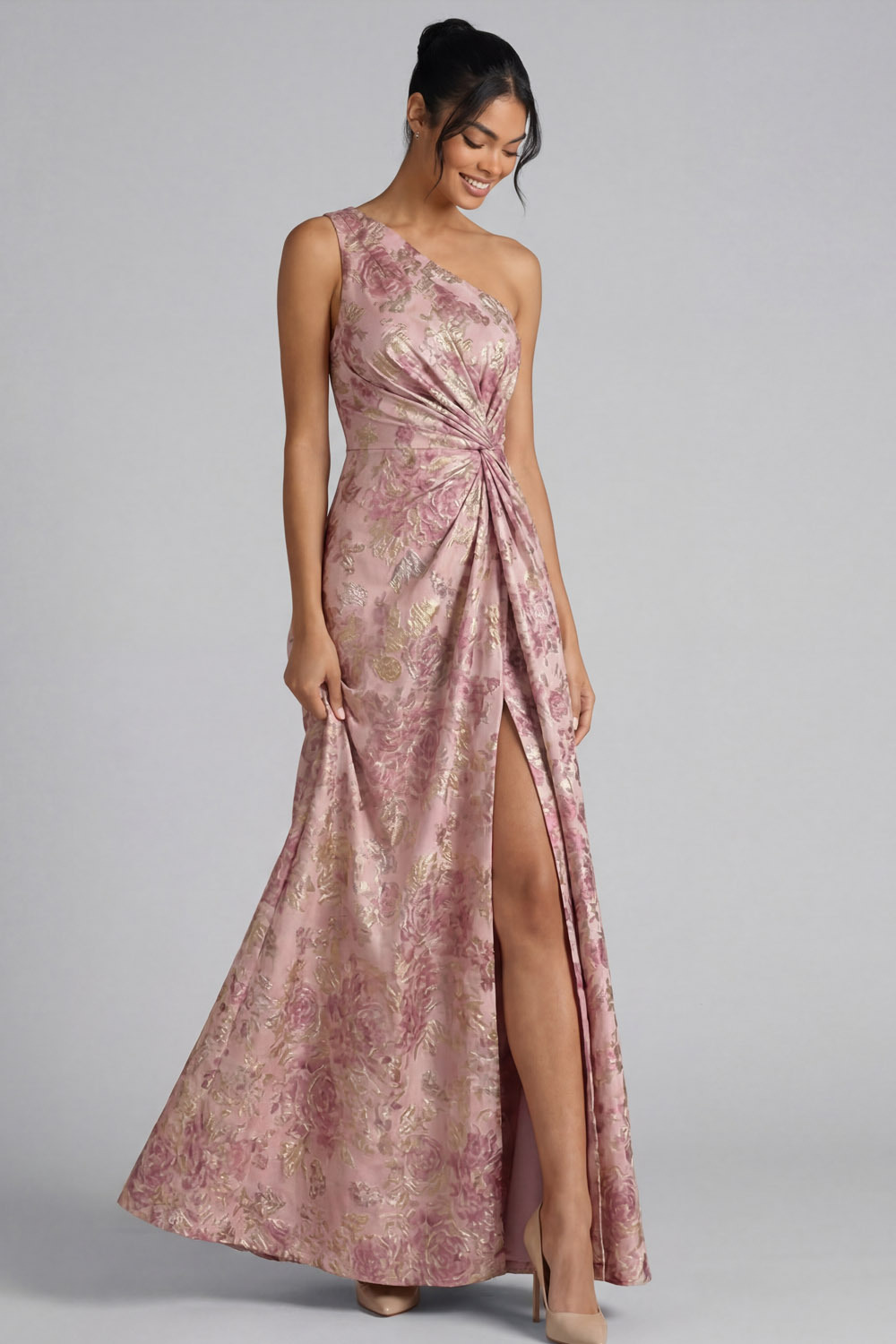 Pink Floral Wedding Guest Dress One Shoulder Ruched Maxi Dress with Slit