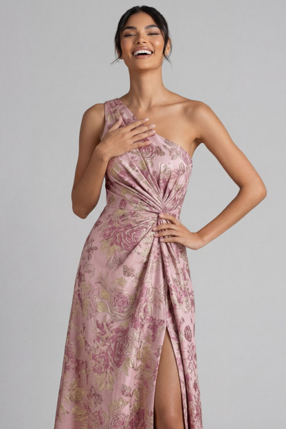 Pink Floral Wedding Guest Dress One Shoulder Ruched Maxi Dress with Slit