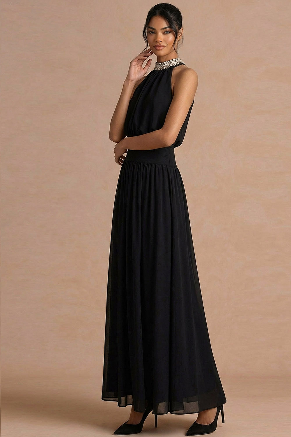 Black Formal Evening Dress A-Line Halter Sleeveless Beaded Maxi Dress 
