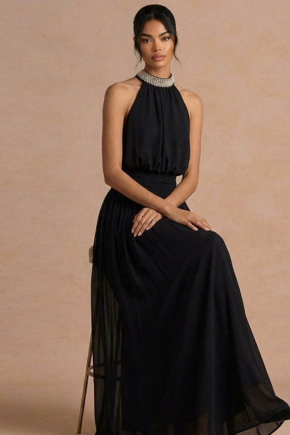 Black Formal Evening Dress A-Line Halter Sleeveless Beaded Maxi Dress 