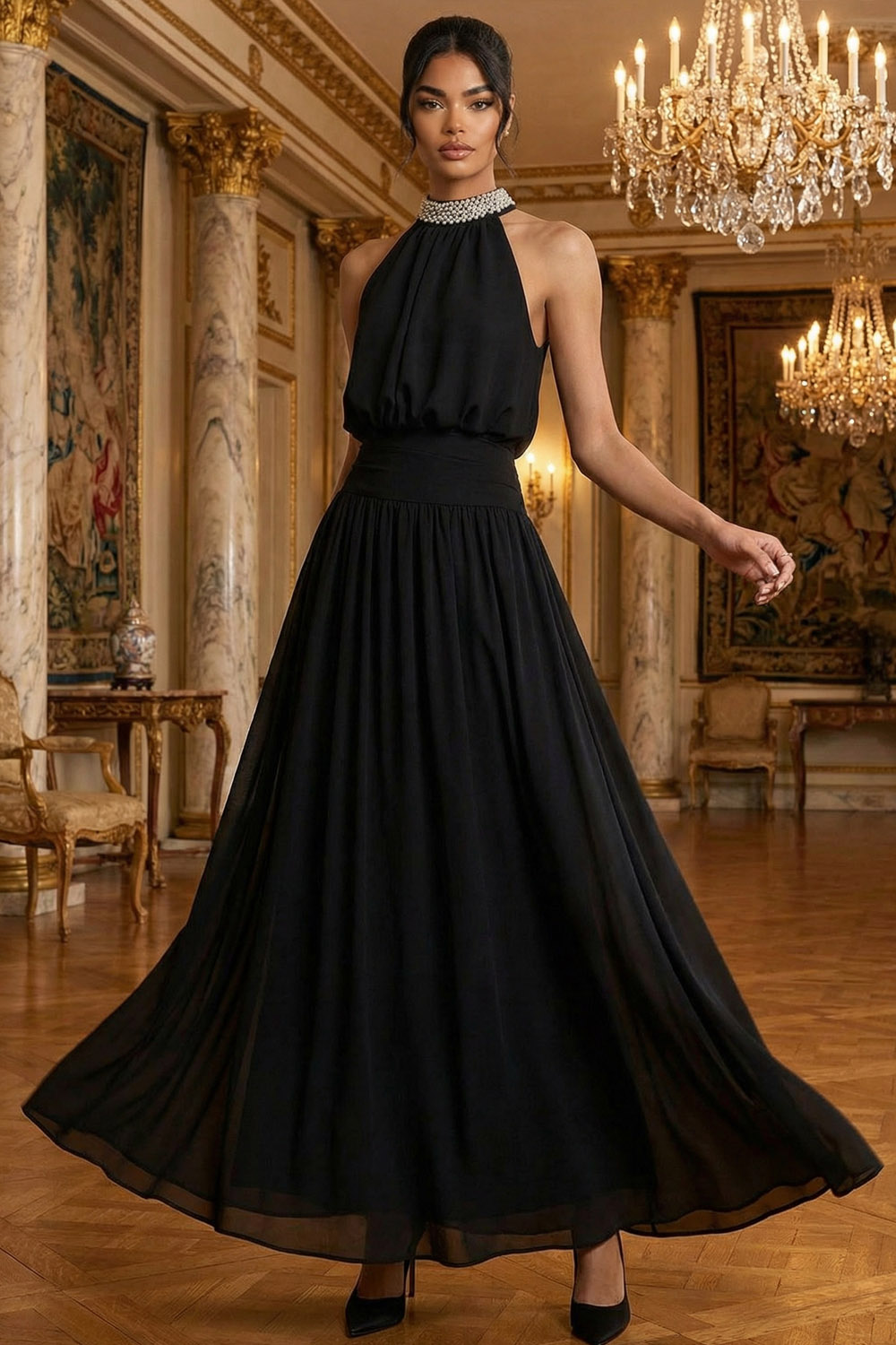 Black Formal Evening Dress A-Line Halter Sleeveless Beaded Maxi Dress 