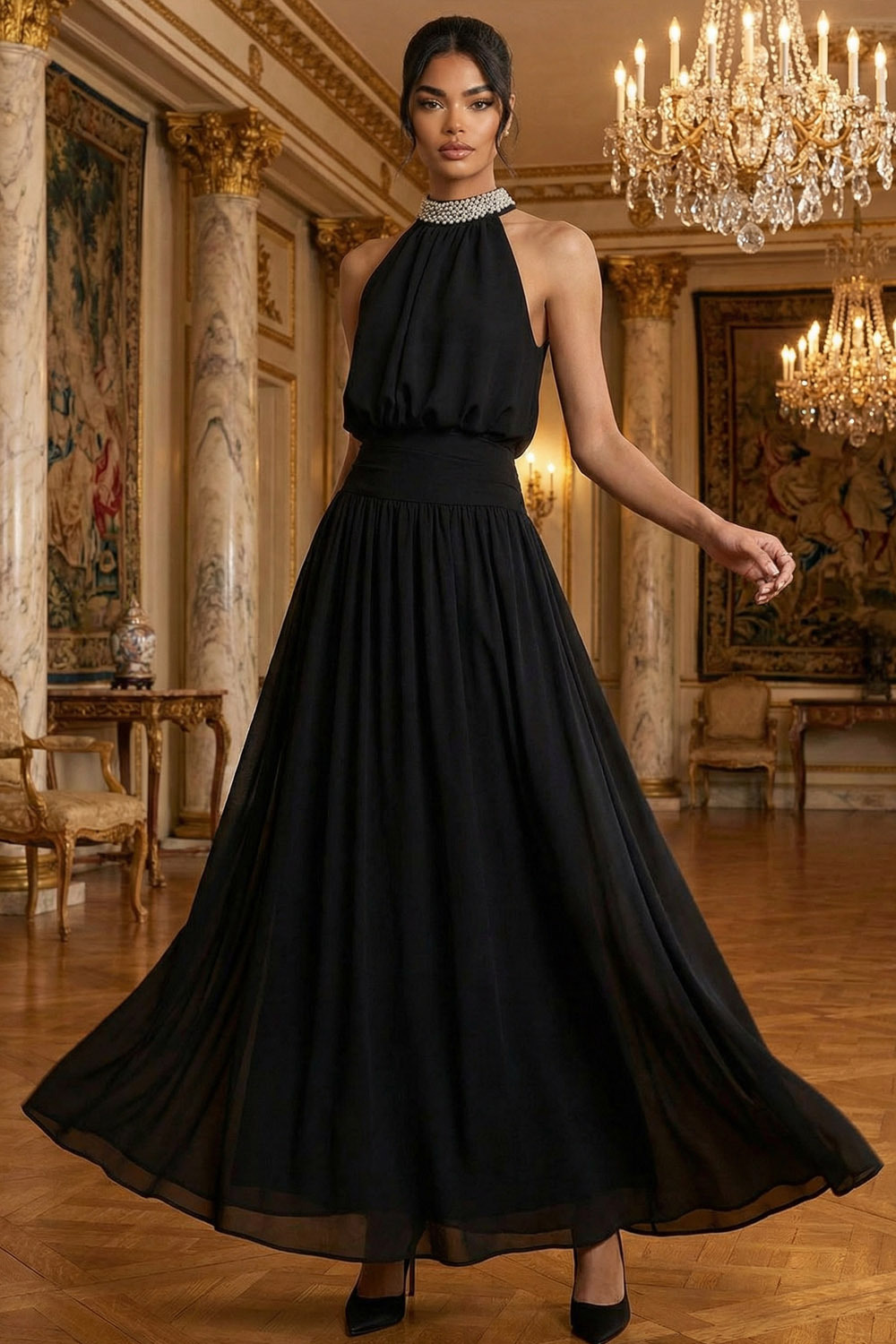 Black Formal Evening Dress A-Line Halter Sleeveless Beaded Maxi Dress 