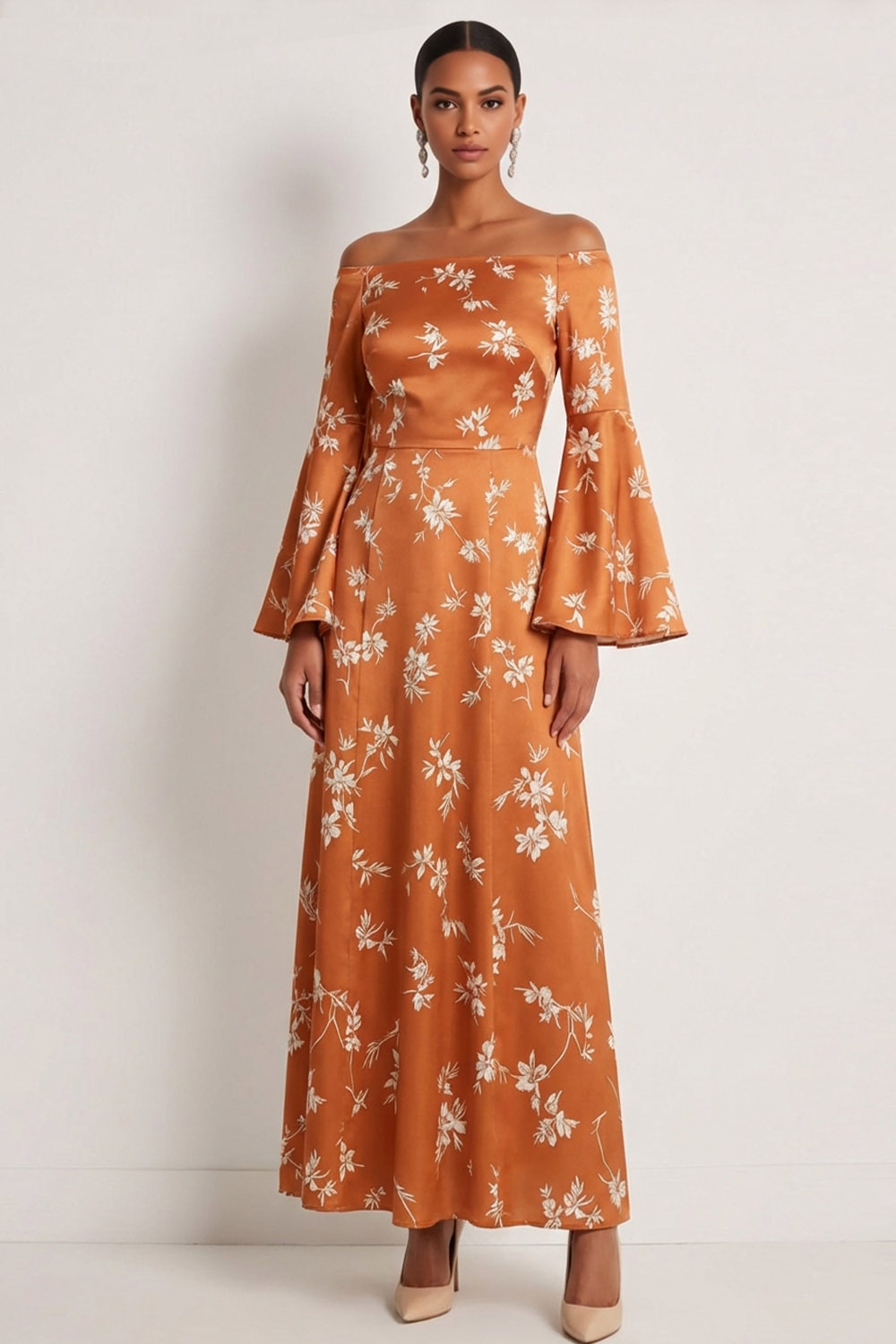 Orange Floral Wedding Guest Dress Off the Shoulder Maxi Dress 