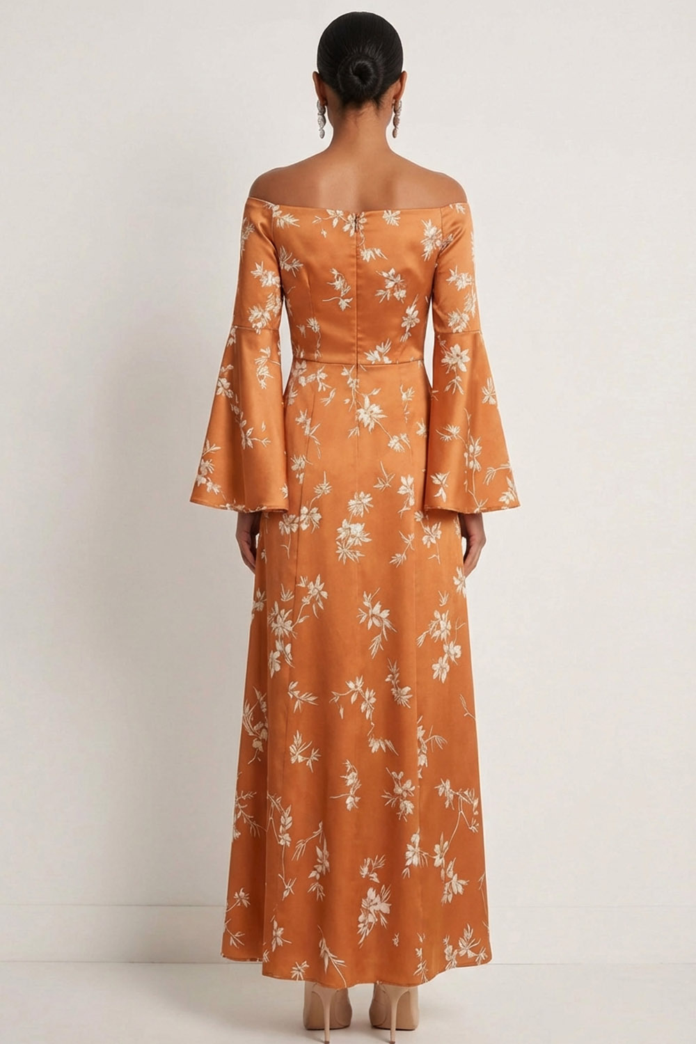 Orange Floral Wedding Guest Dress Off the Shoulder Maxi Dress 