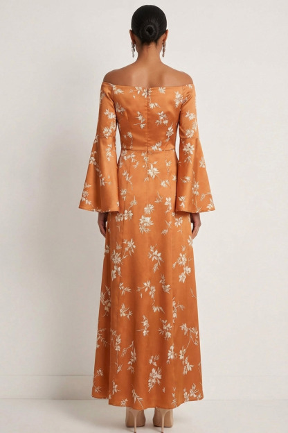 Orange Floral Wedding Guest Dress Off the Shoulder Maxi Dress 