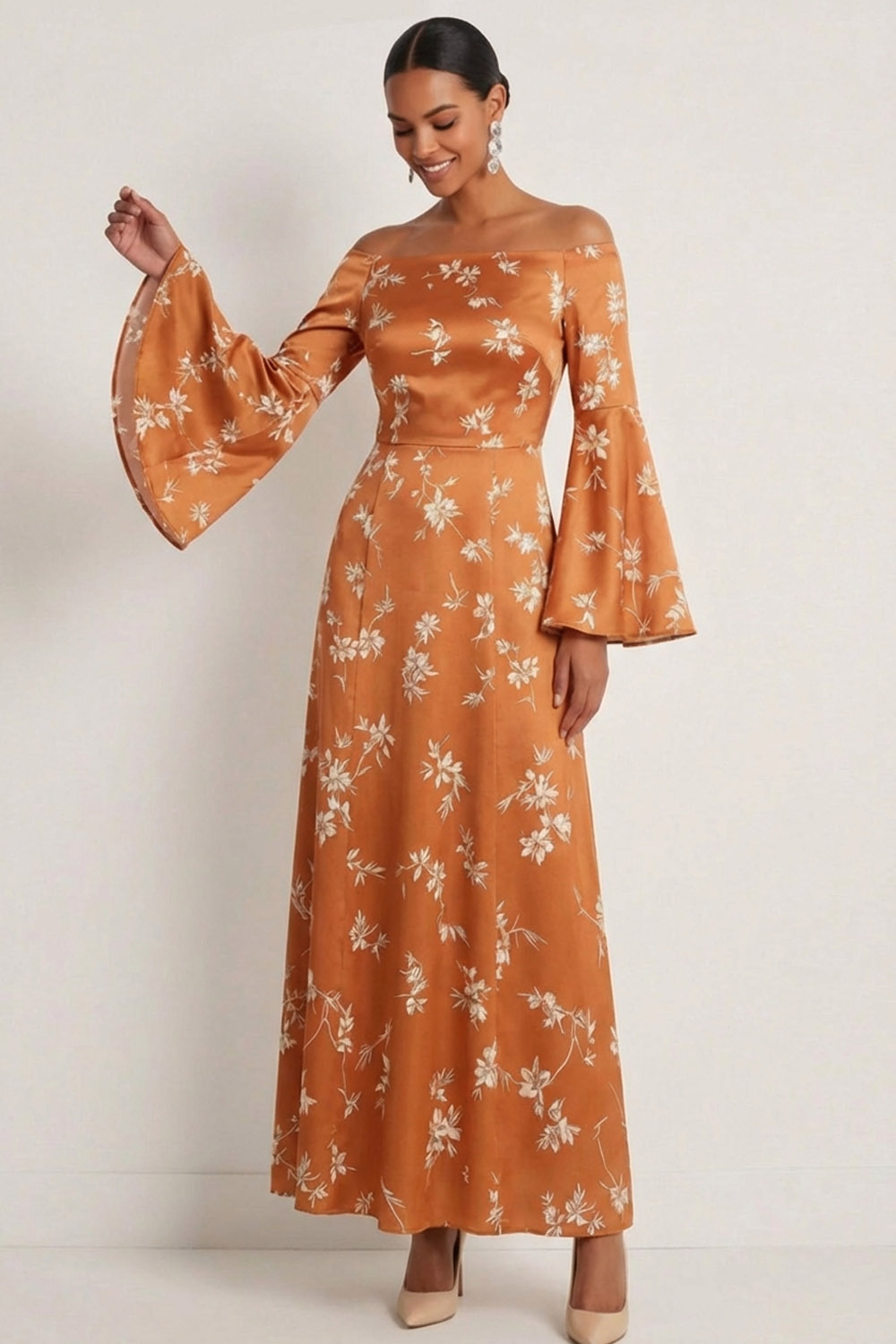 Orange Floral Wedding Guest Dress Off the Shoulder Maxi Dress 