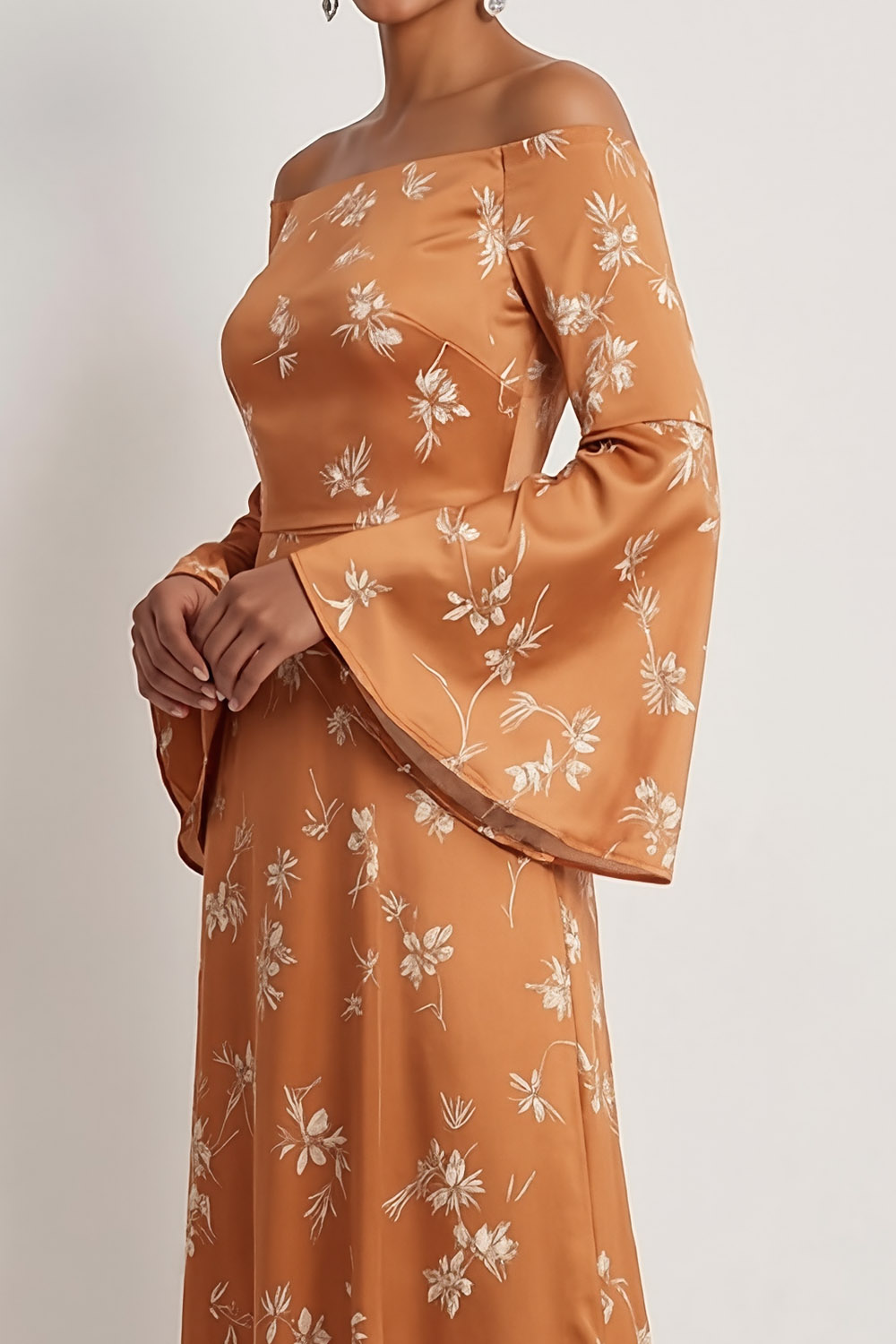 Orange Floral Wedding Guest Dress Off the Shoulder Maxi Dress 