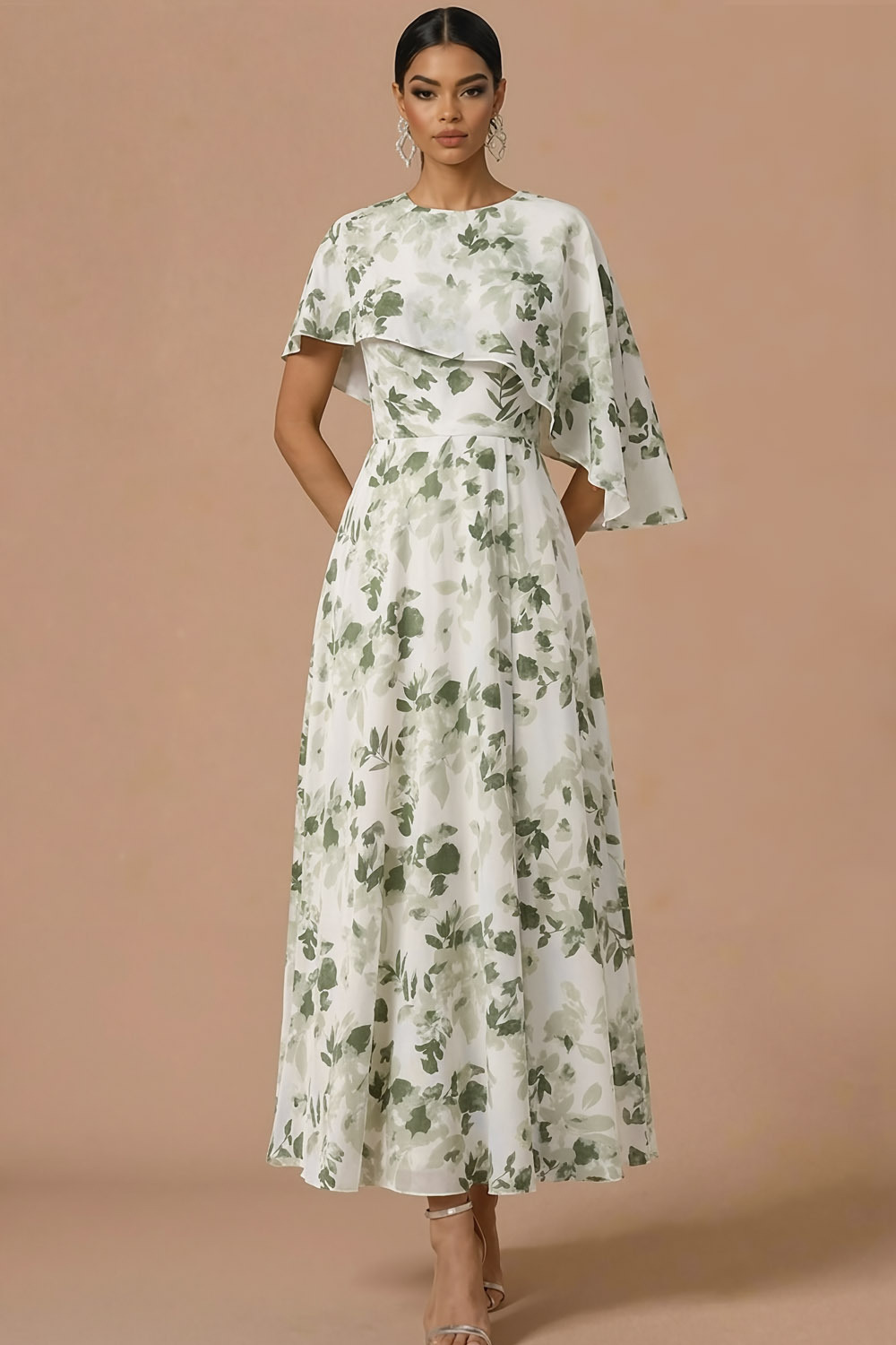 Green Floral Wedding Guest Dress A-Line Maxi Dress with Cape