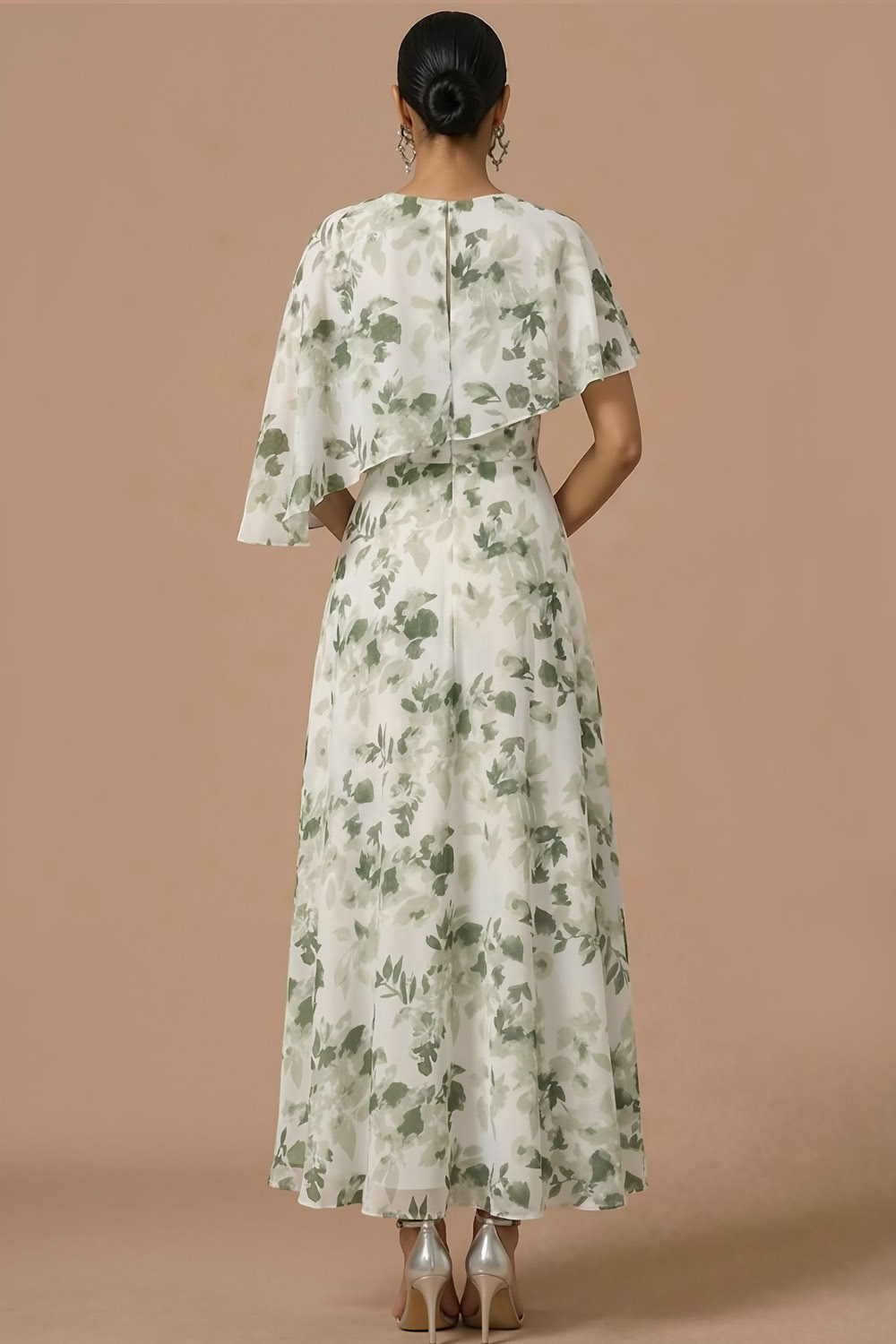 Green Floral Wedding Guest Dress A-Line Maxi Dress with Cape