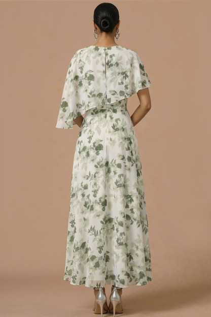 Green Floral Wedding Guest Dress A-Line Maxi Dress with Cape