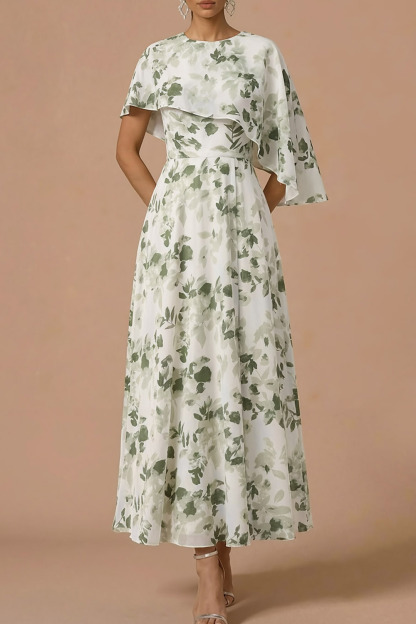 Green Floral Wedding Guest Dress A-Line Maxi Dress with Cape