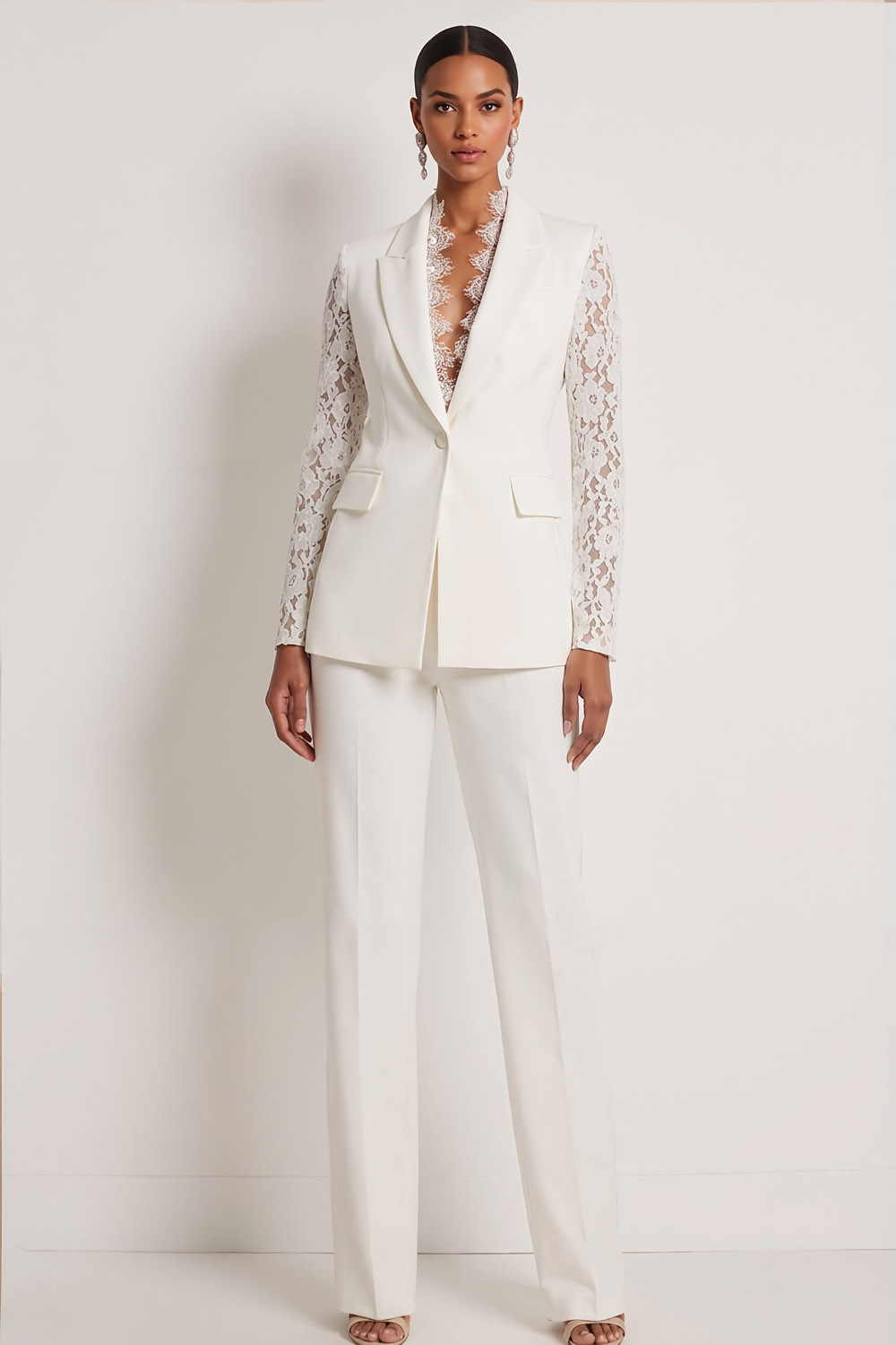 Formal Party Blazer Suit Sets White Lapel Lace Sleeve Pants Set