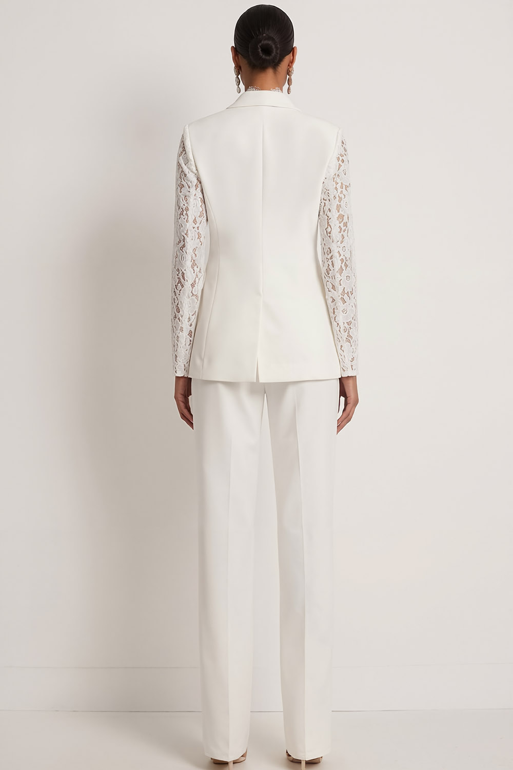 Formal Party Blazer Suit Sets White Lapel Lace Sleeve Pants Set