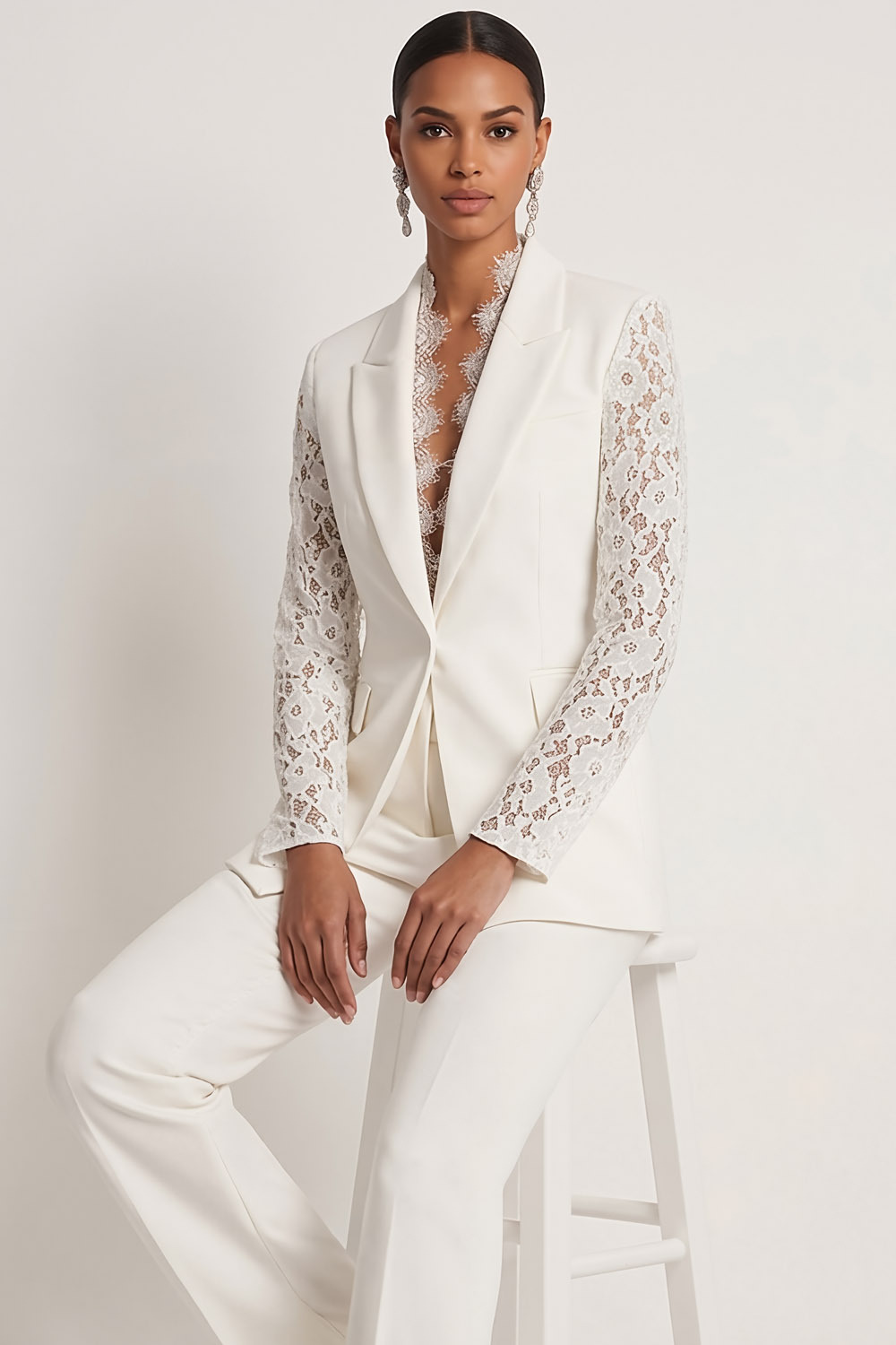 Formal Party Blazer Suit Sets White Lapel Lace Sleeve Pants Set