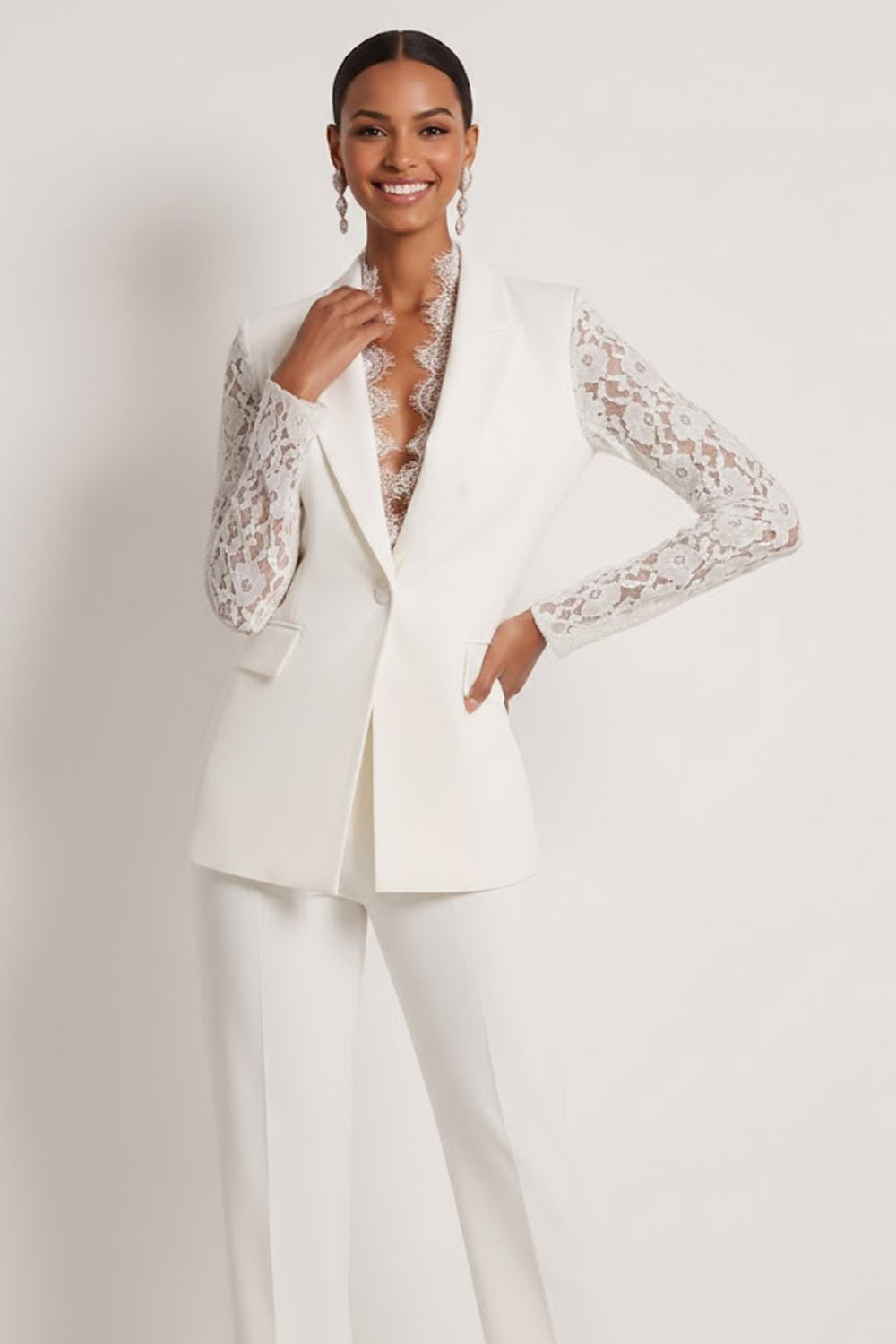 Formal Party Blazer Suit Sets White Lapel Lace Sleeve Pants Set