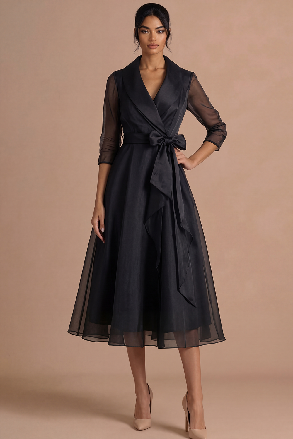 Burgundy Formal Evening Dress A-Line Lapel Long Sleeve Midi Dress