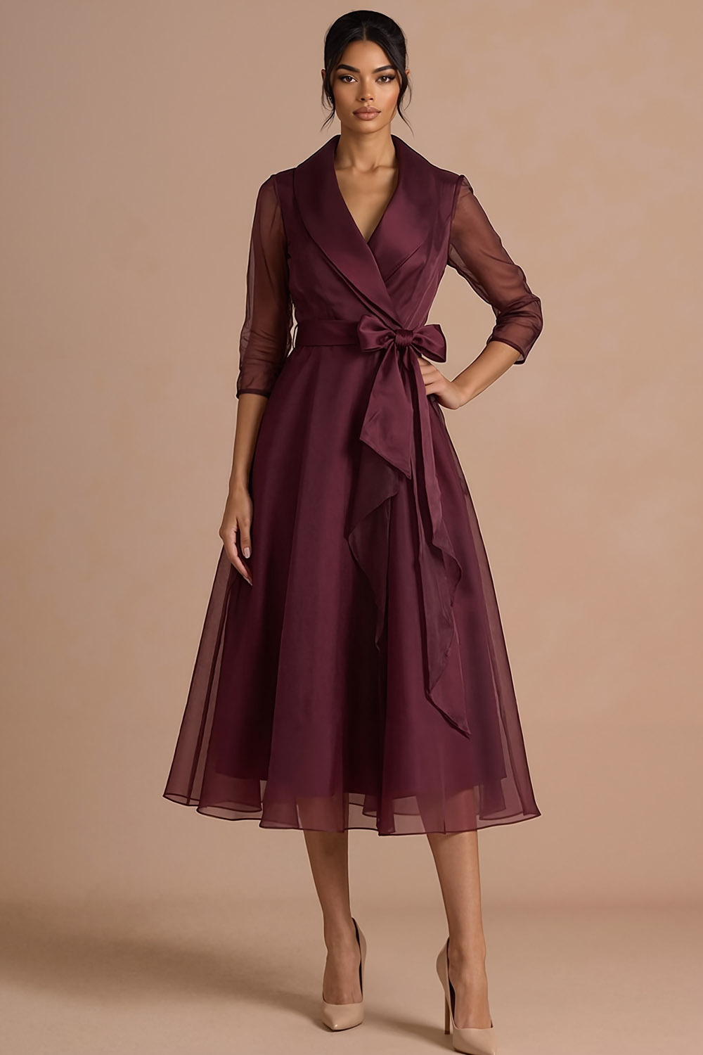 Burgundy Formal Evening Dress A-Line Lapel Long Sleeve Midi Dress 