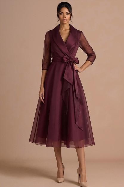 Burgundy Formal Evening Dress A-Line Lapel Long Sleeve Midi Dress 
