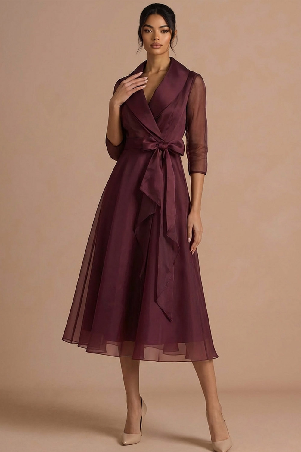 Burgundy Formal Evening Dress A-Line Lapel Long Sleeve Midi Dress 