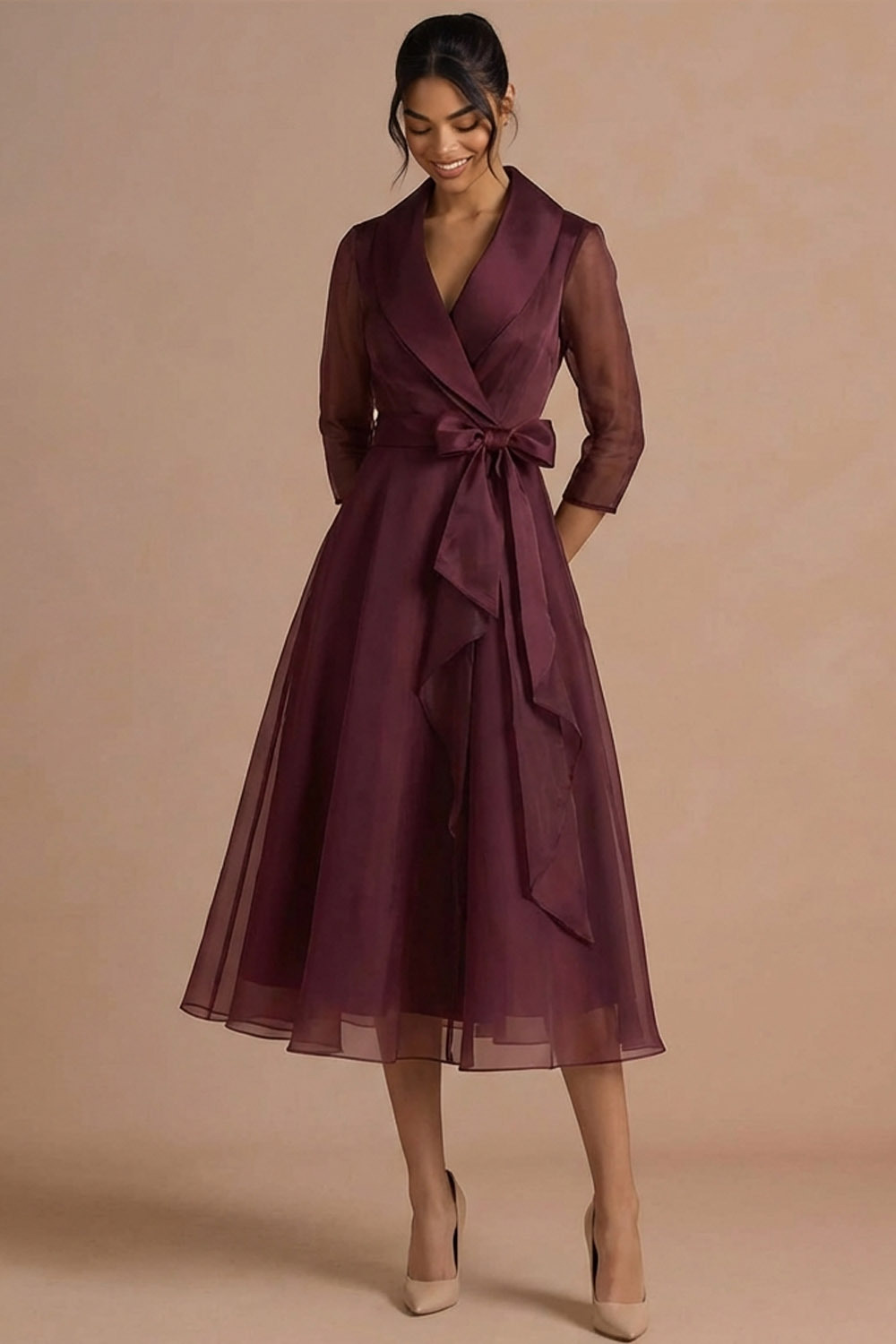 Burgundy Formal Evening Dress A-Line Lapel Long Sleeve Midi Dress 